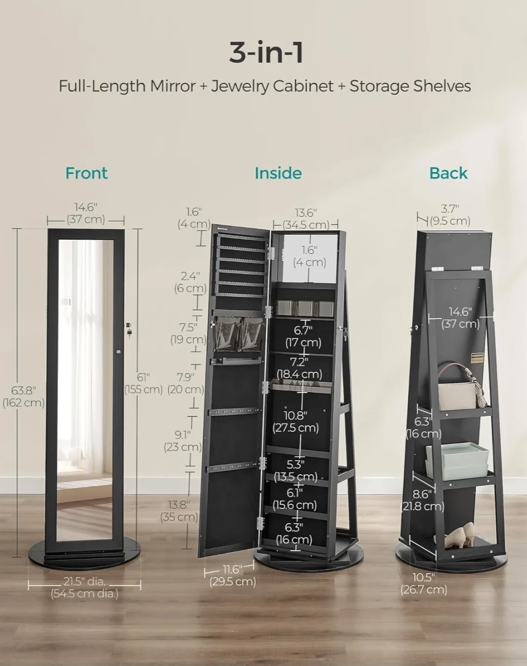 Black Jewelry Cabinet Armoire with Mirror image indicator(6)