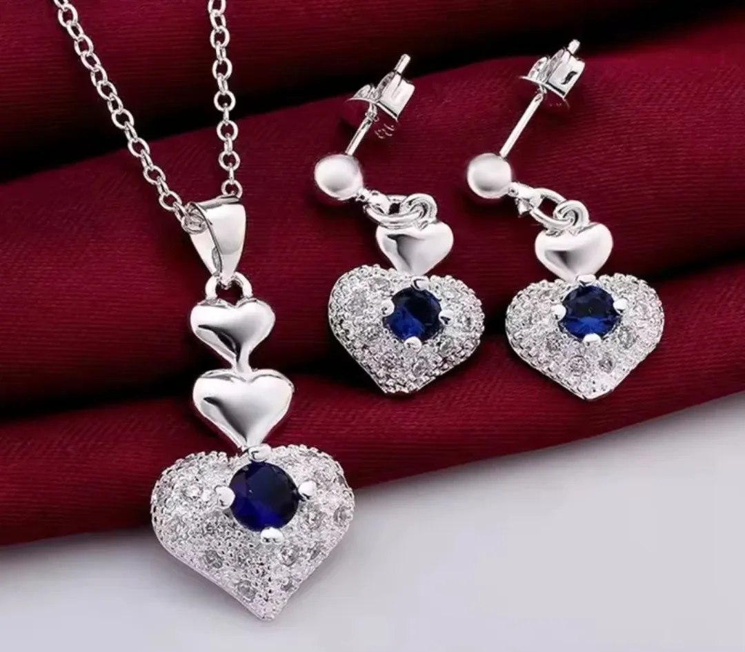 925 Sterling Silver Heart Pendant Necklace & Earrings Set
