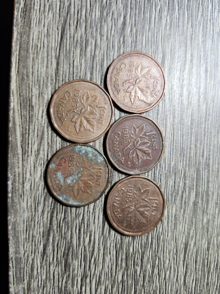Lot of 5 1985 pennies; blunt 5
