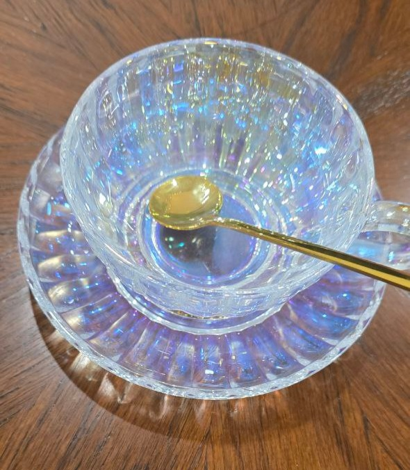 Brand New Glass Teacup & Saucer with Spoon