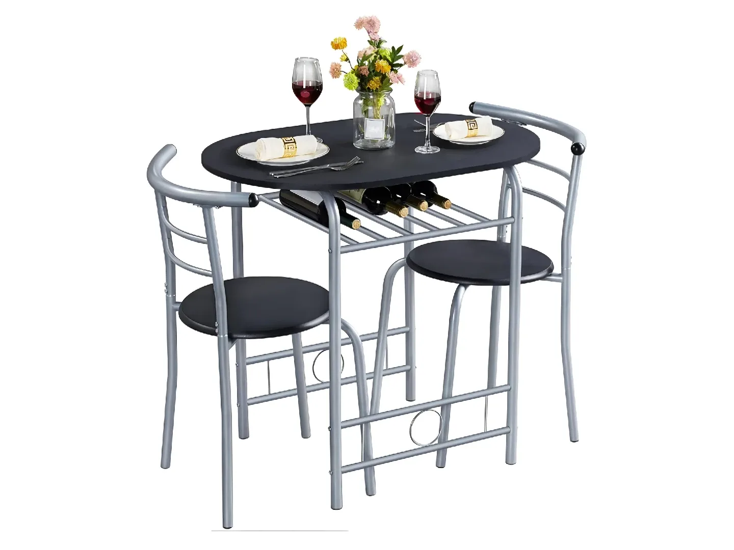 3-Piece Dining Table Set - Black & Silver thumbnail