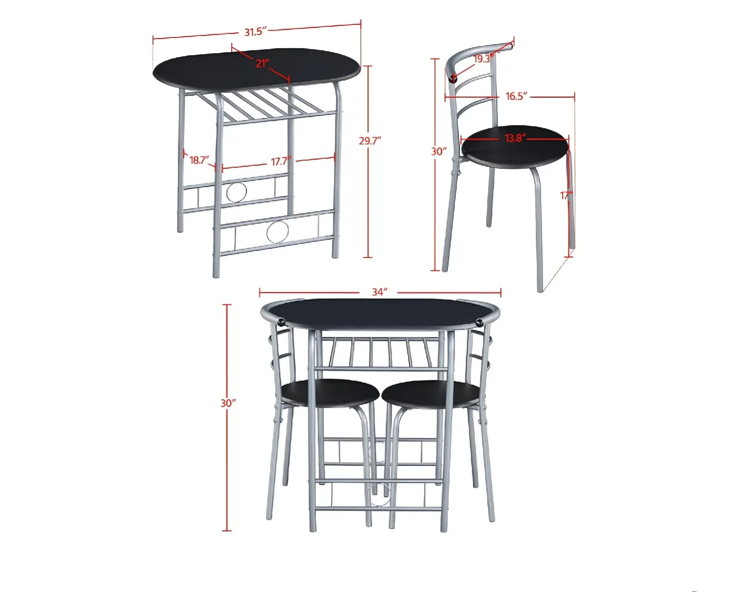 3-Piece Dining Table Set - Black & Silver image indicator(8)
