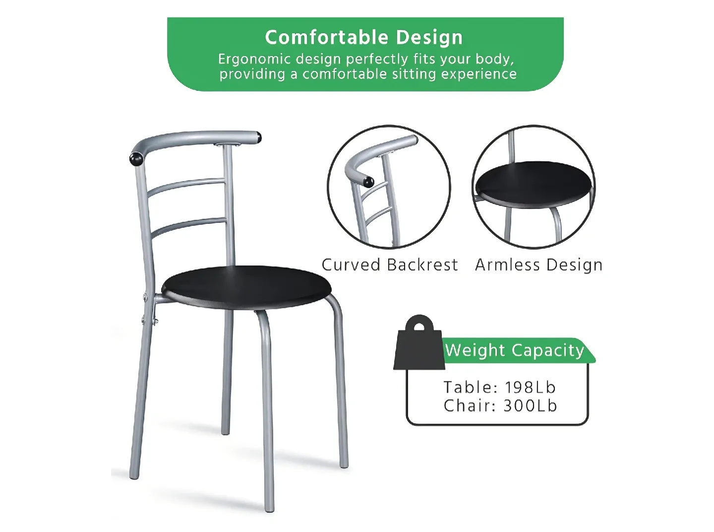 3-Piece Dining Table Set - Black & Silver image indicator(9)