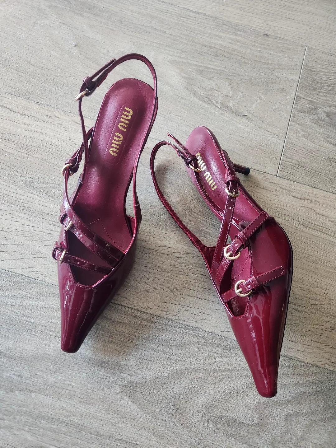 Miu Miu Patent Leather Slingback Heels Burgundy Kitten Heels image indicator(2)