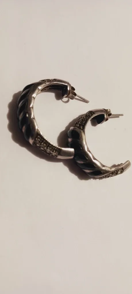 Sterling Silver 925 Marcasite Onyx Hoop Earrings thumbnail