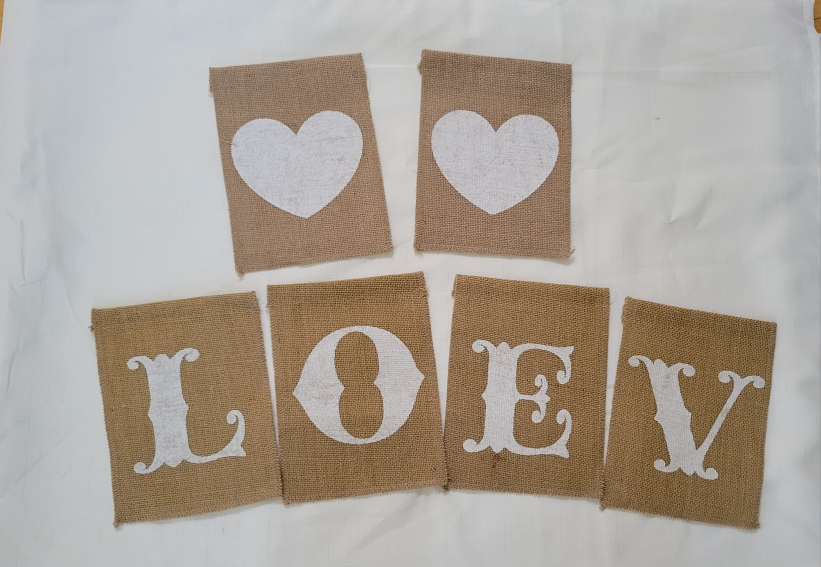 Brand New 7 Individual Letter Burlaps LOVE & Heart Banner