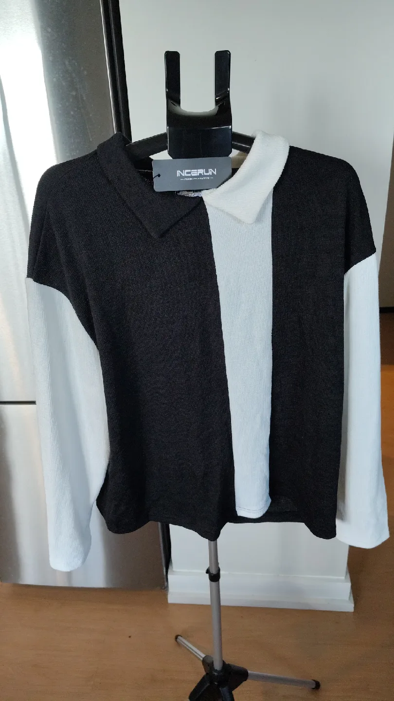 INCERUN Black & White Colour Block Knit Top thumbnail