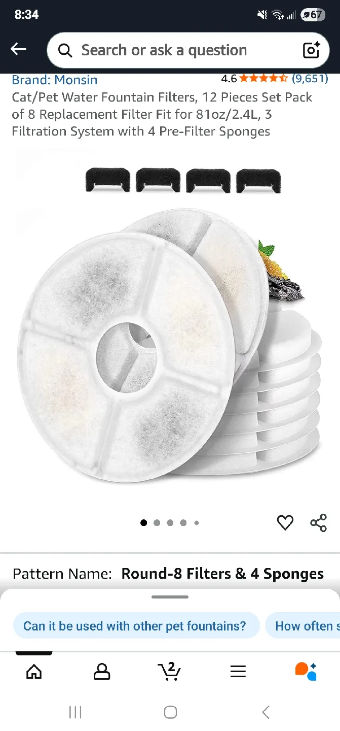 Monsin Cat Water Fountain Filters - Round 8 Filters & 4 Sponges image indicator(2)