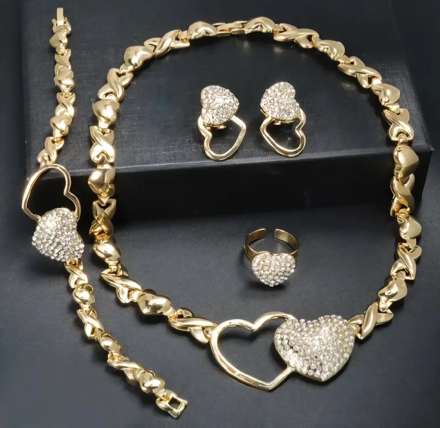 Gold Heart Jewelry Set - Necklace, Bracelet, Ring, Earrings image indicator(5)