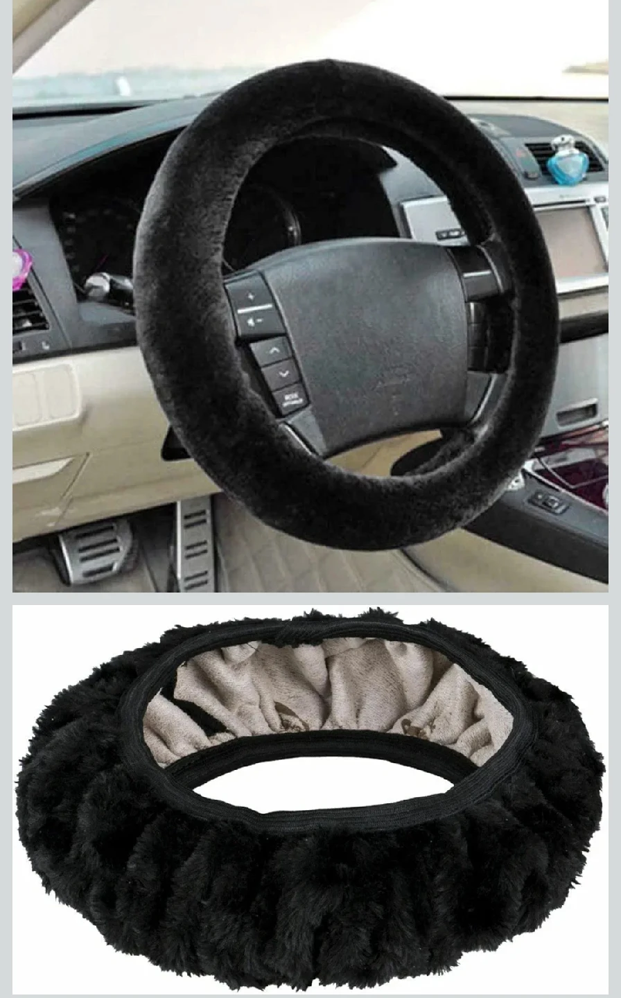 Black Plush Car Steering Wheel Cover - photo 2