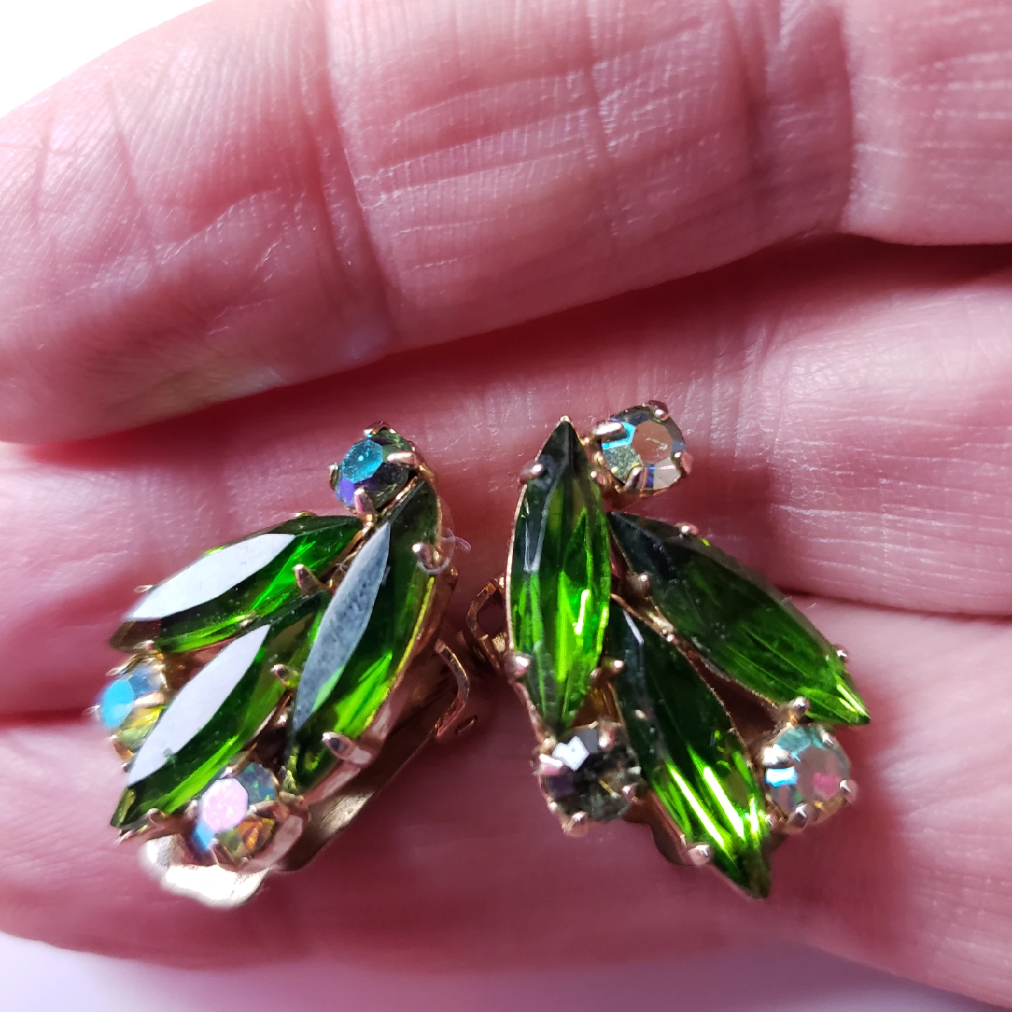 Vintage Green Rhinestone Clip On Earrings