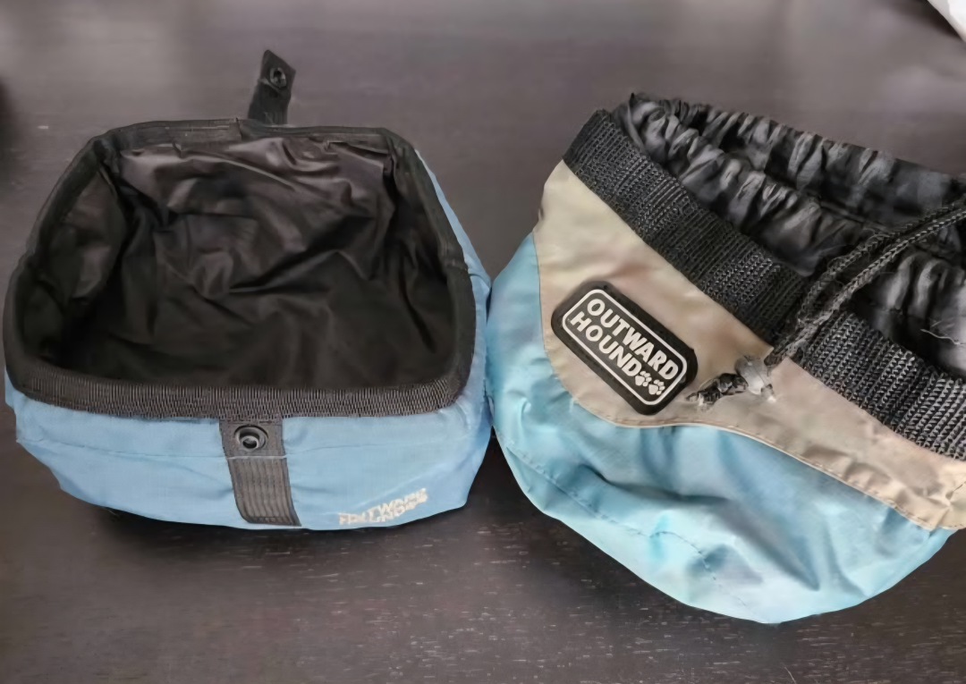 Outward Hound travel food & water dishes. The food one cinches
