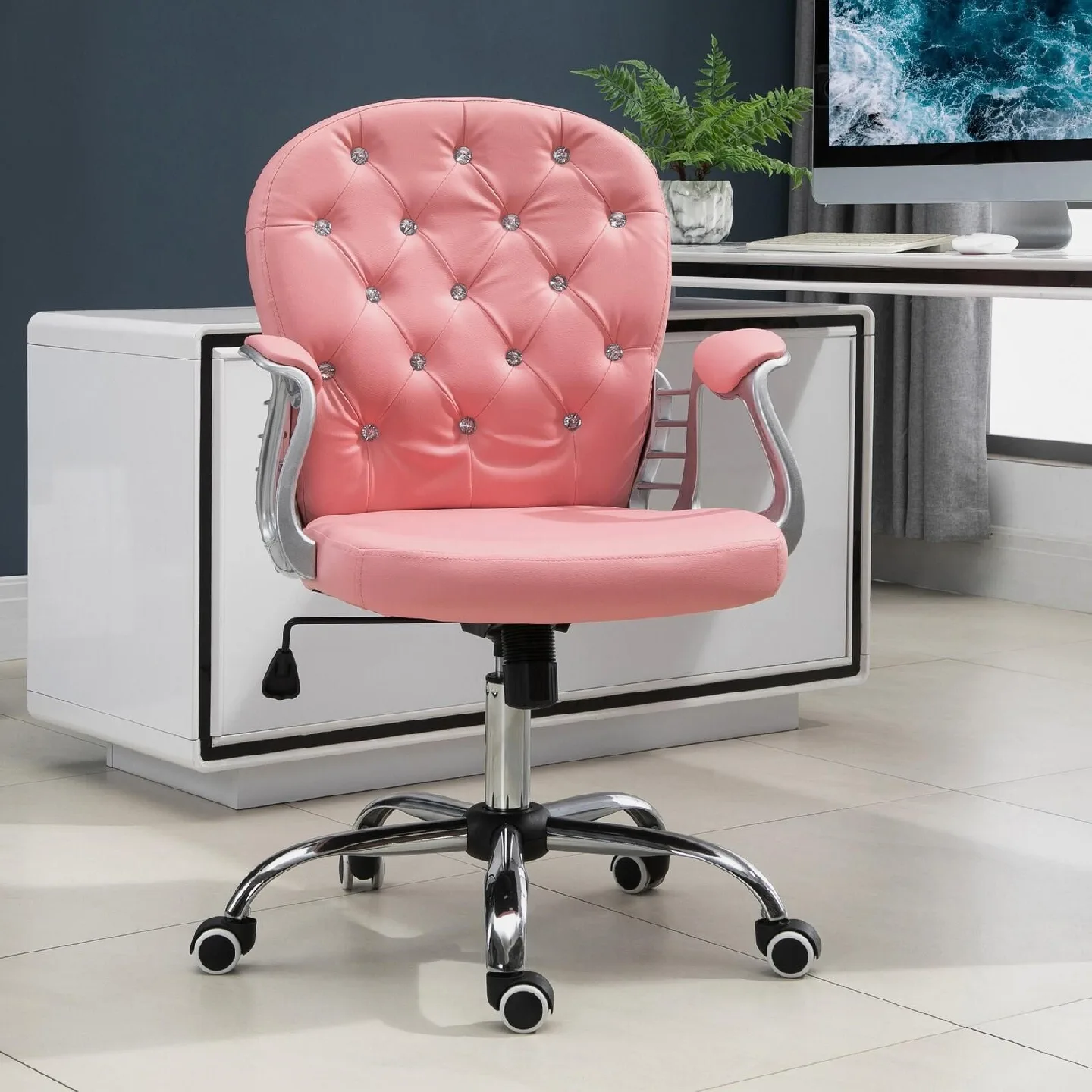 Pink Tufted Swivel Office Chair