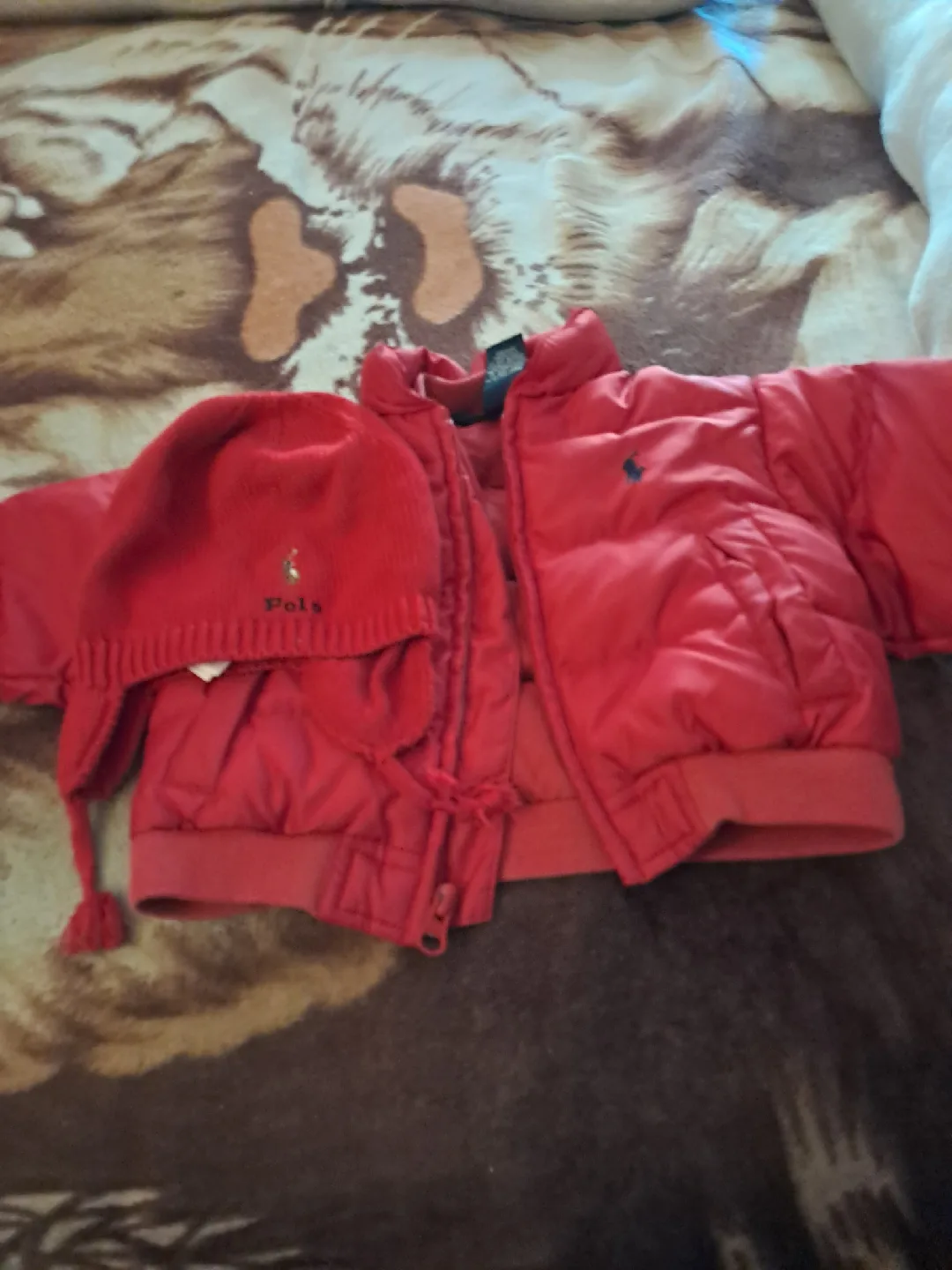 Infant Red puffer Polo coat and hat size S/M 6 to 9months image indicator(2)