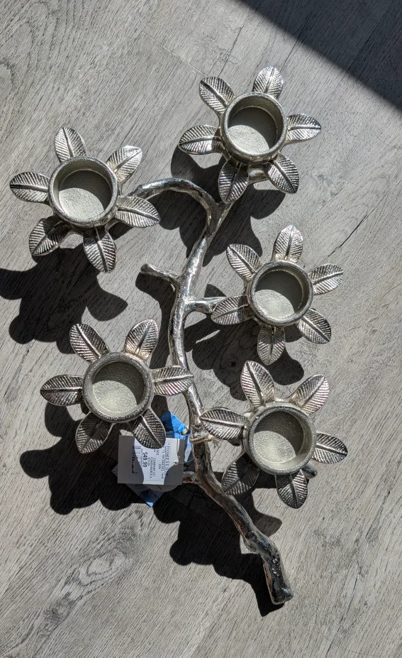 Decorative Candle Holder Silver Floral Design thumbnail