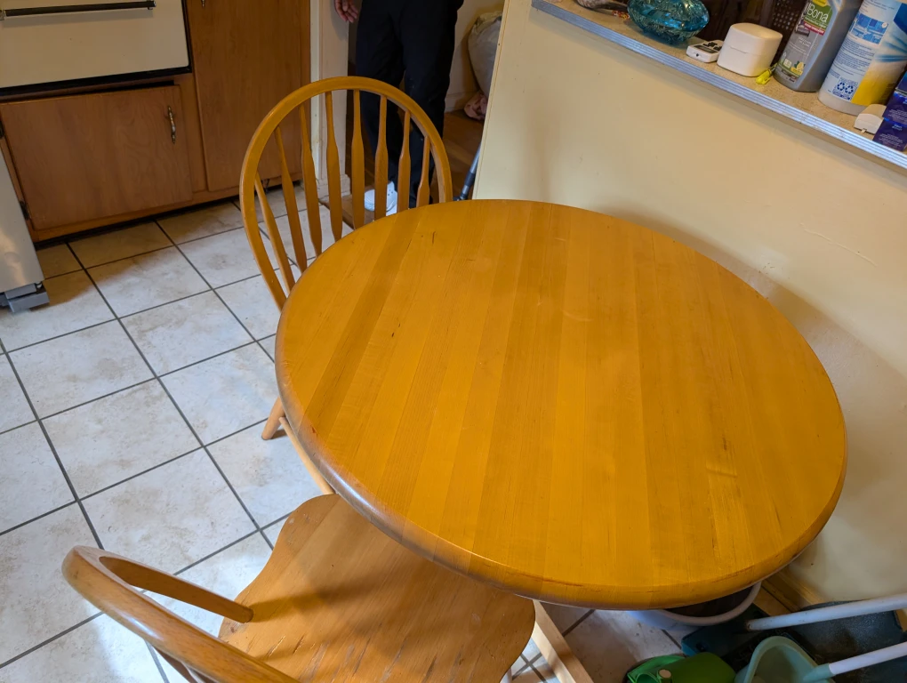 Round Wooden Table with Two Chairs