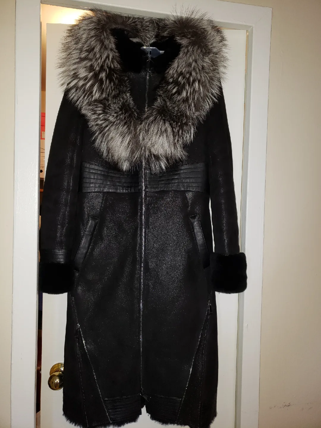 Black Leather Coat with Fur Collar thumbnail