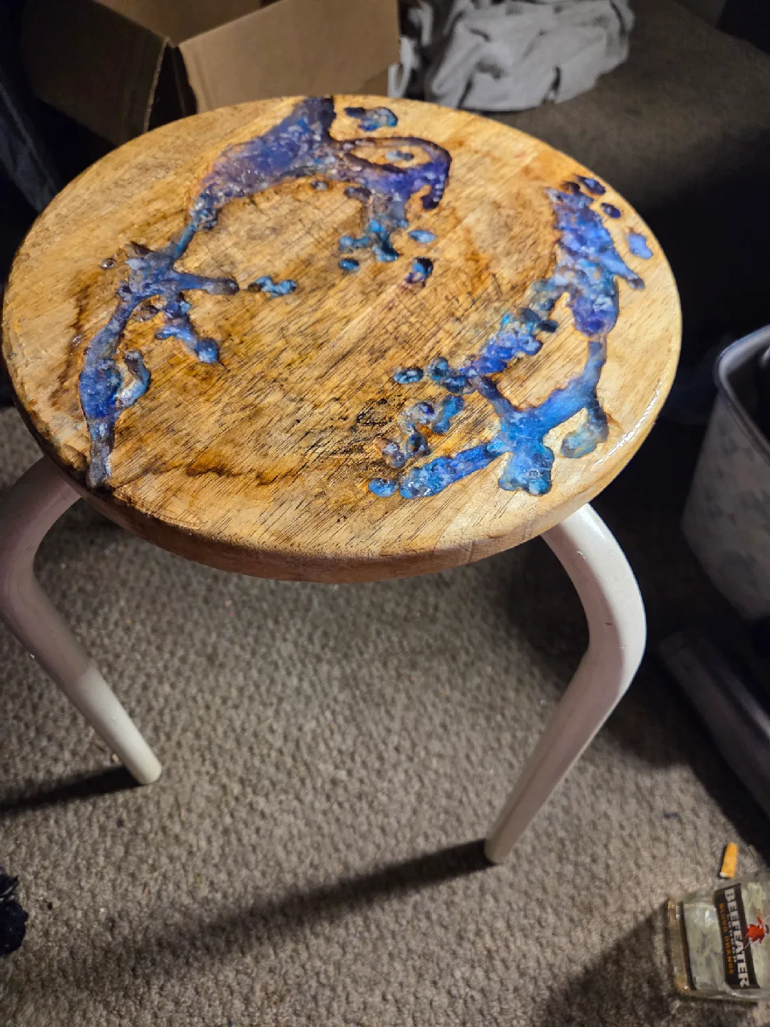 Handmade Wooden Stool with Blue Resin image indicator(2)