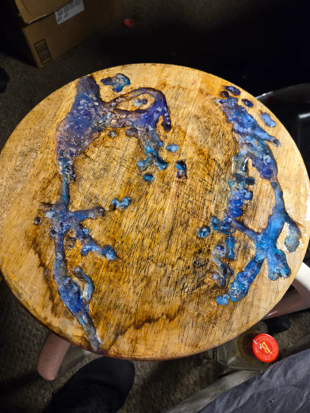 Handmade Wooden Stool with Blue Resin image indicator(3)