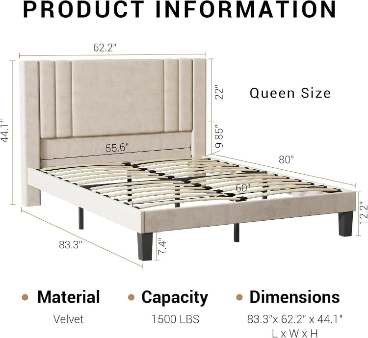 Biege Queen Bed Frame with Headboard - photo 4