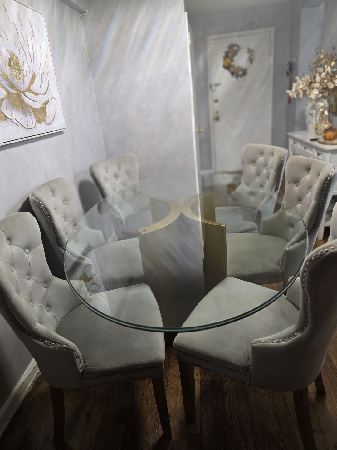 Glass Top Dining Table with 6 Upholstered Chairs