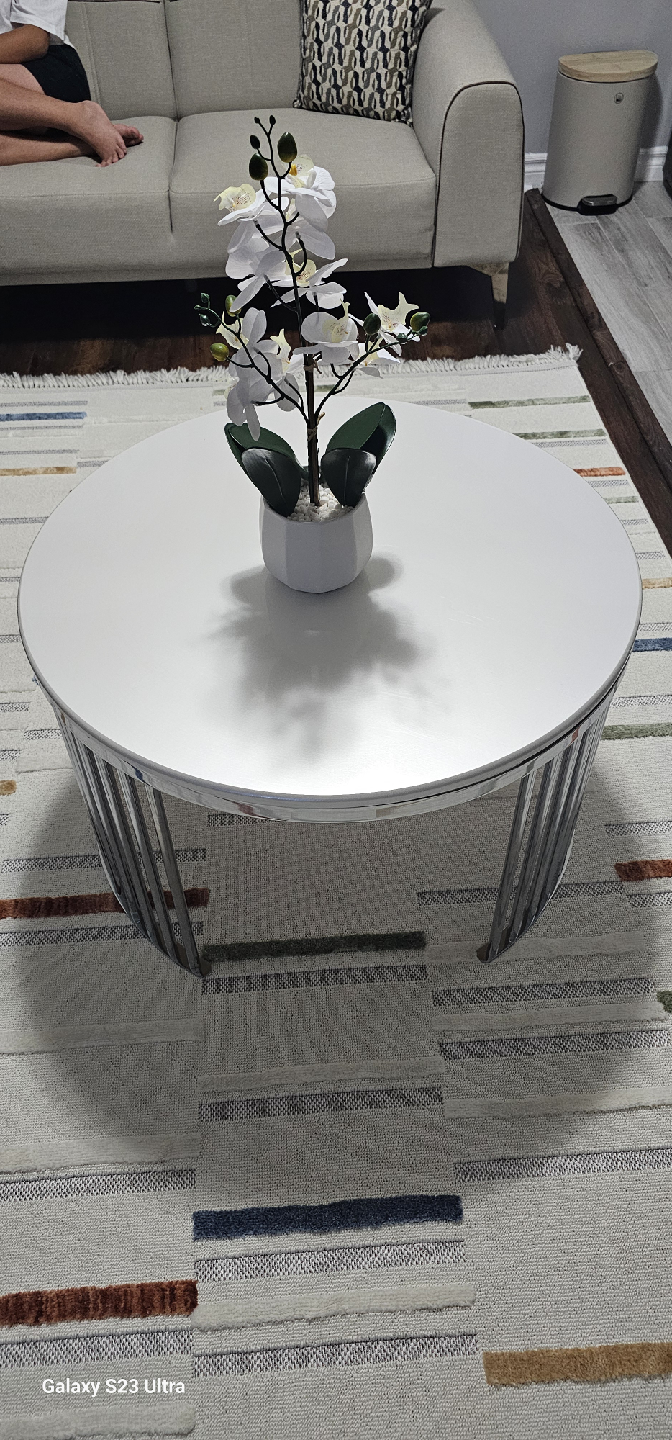 Round White Coffee Table with Chrome Legs