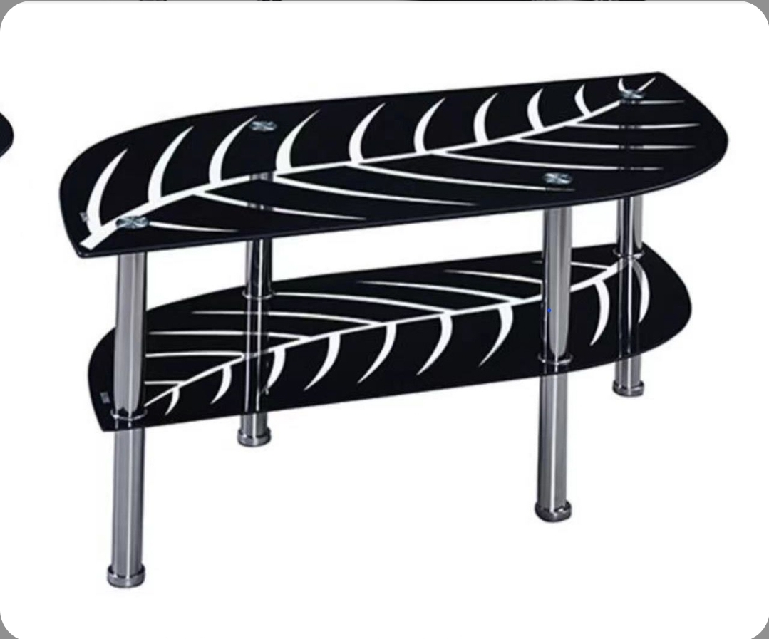 🪞 Leaf-Design Glass Coffee Table with Dual Black Shelves