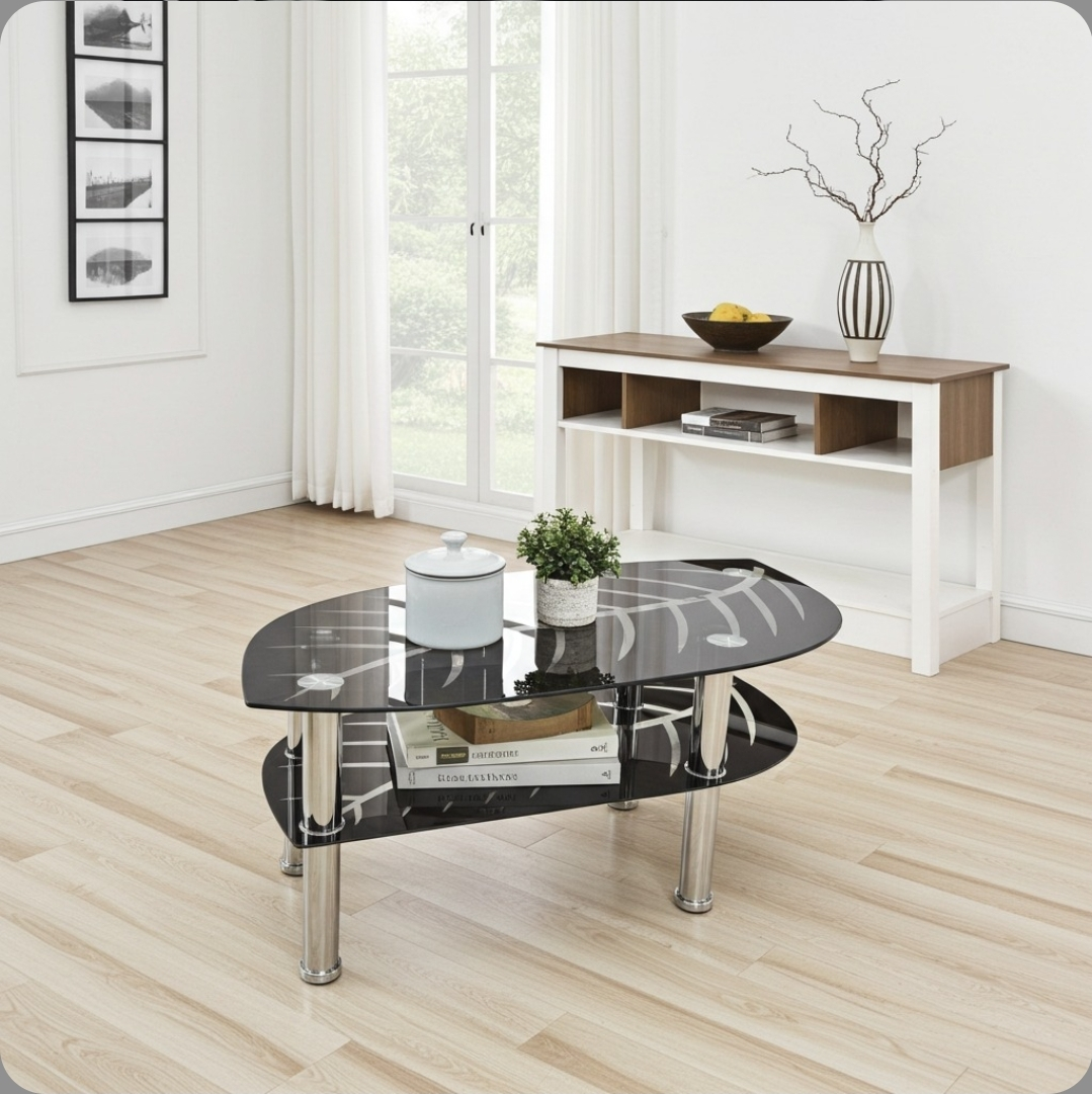 🪞 Leaf-Design Glass Coffee Table with Dual Black Shelves - photo 2