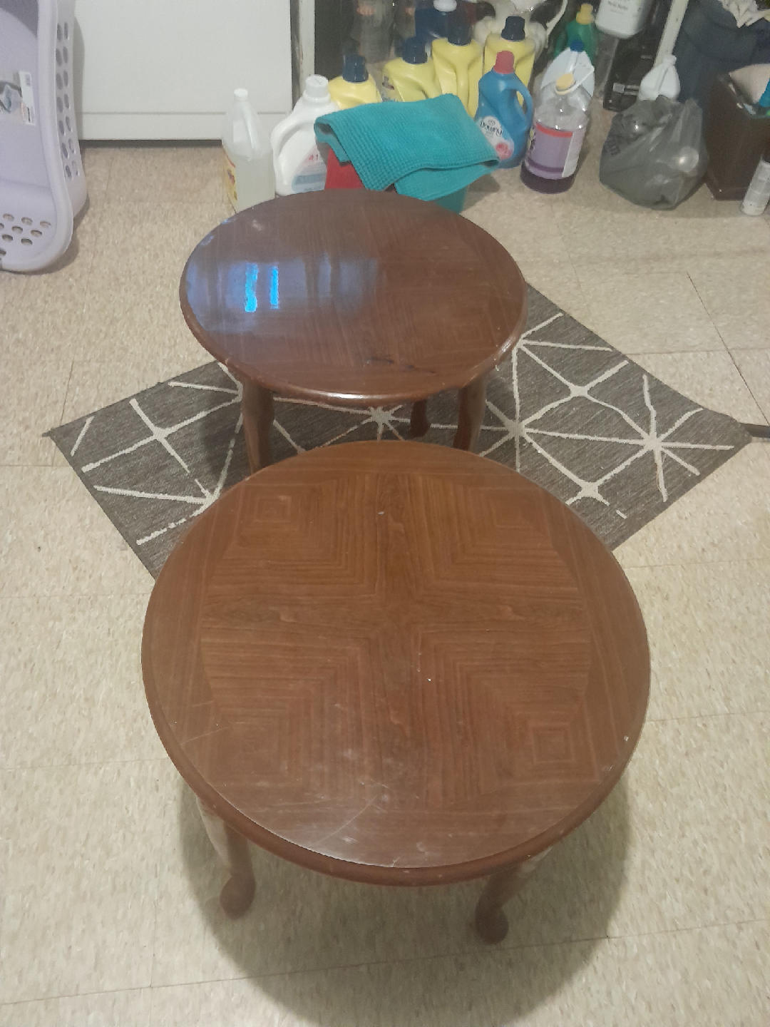 Antique Brown Wooden Round Side Tables (Pair)