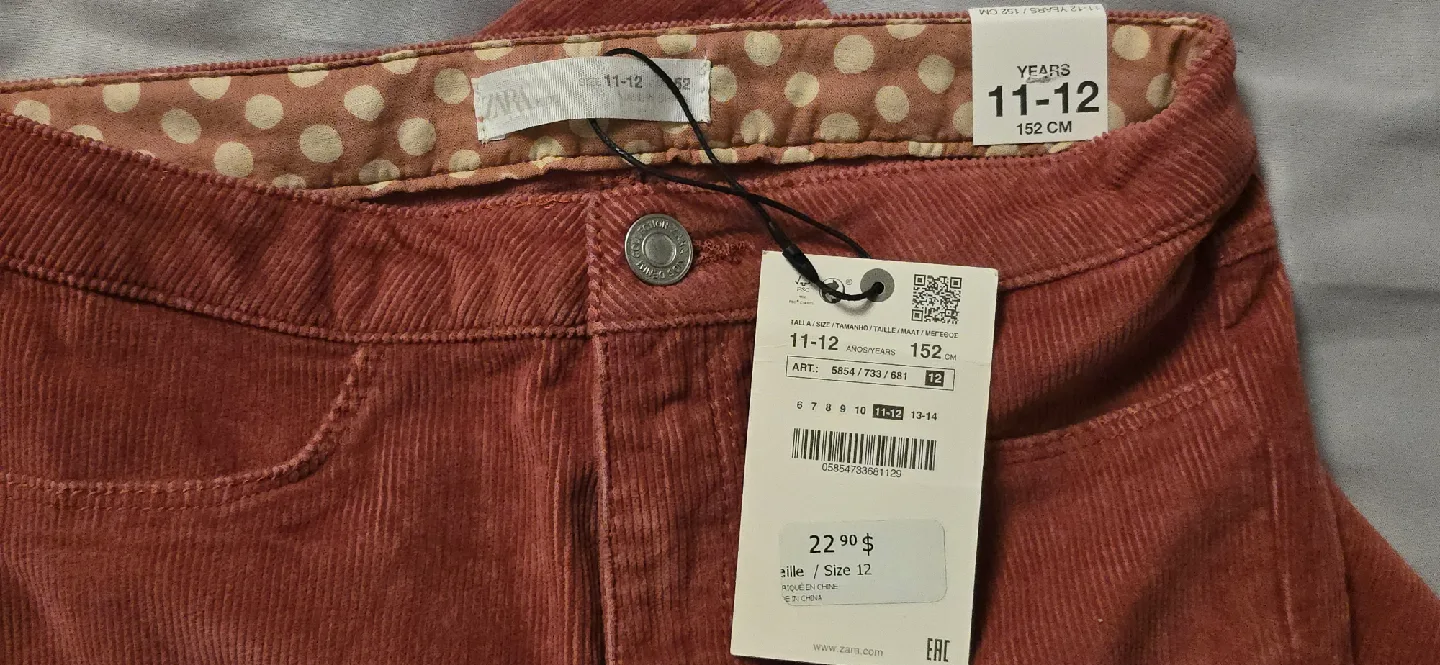 NEW! Girl's Zara Corduroy Pants! Size 11-12 Youth image indicator(9)