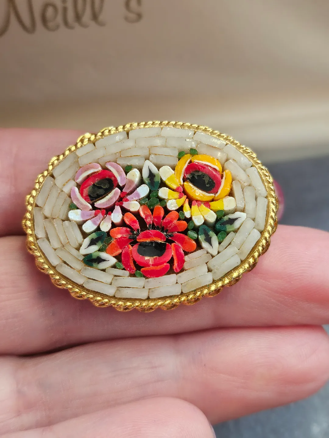 Vintage Italian Micro Mosaic Floral Brooch image indicator(2)