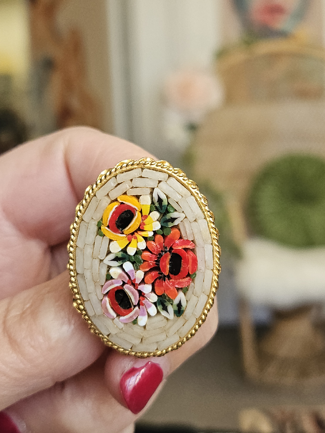 Vintage Italian Micro Mosaic Floral Brooch - photo 4