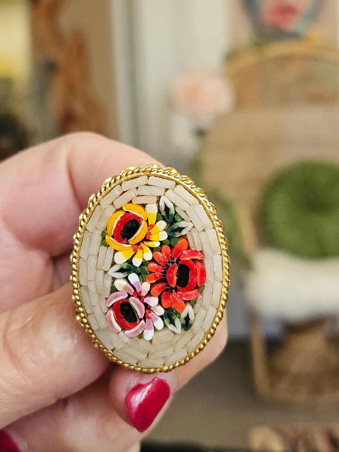 Vintage Italian Micro Mosaic Floral Brooch image indicator(4)