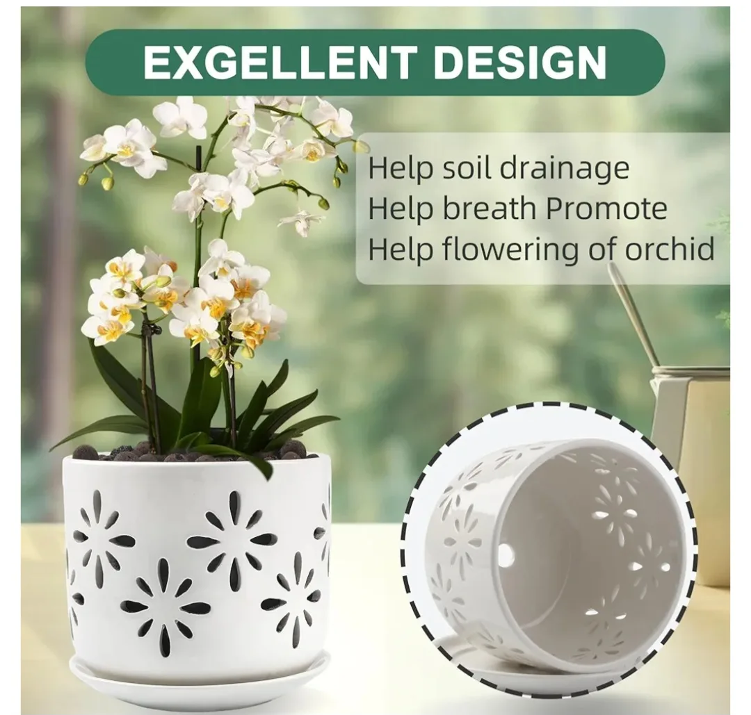 White Ceramic Orchid Pot with Saucer image indicator(3)