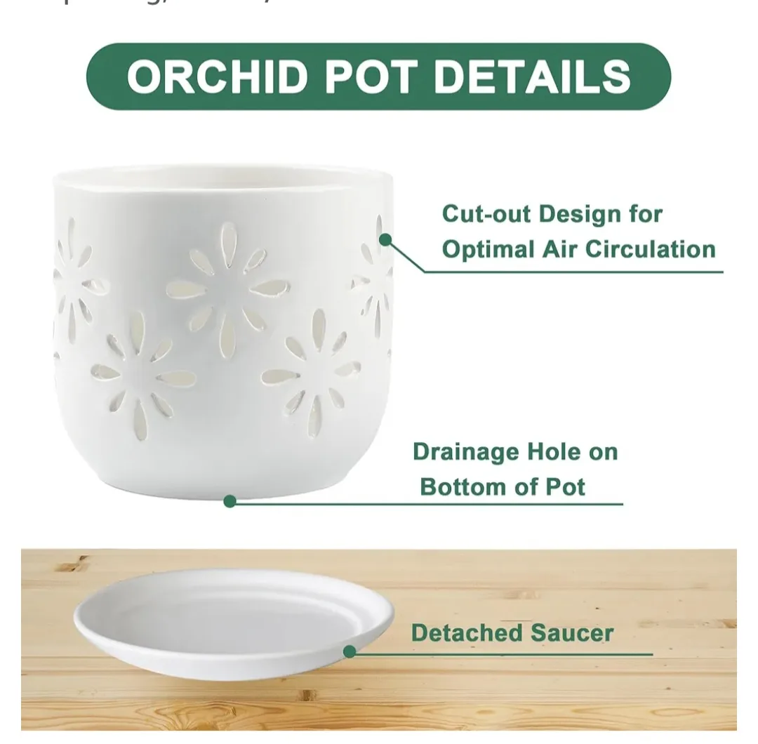 White Ceramic Orchid Pot with Saucer image indicator(4)