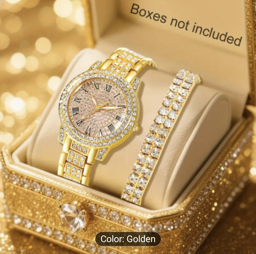 Golden Rhinestone Watch & Bracelet Set
