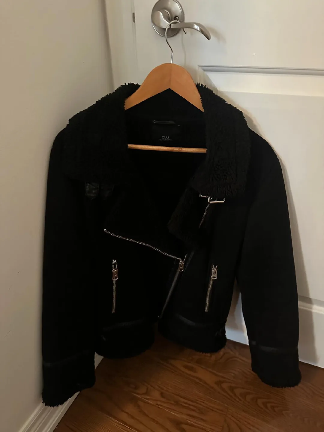 Zara Black Faux Shearling Biker Jacket thumbnail
