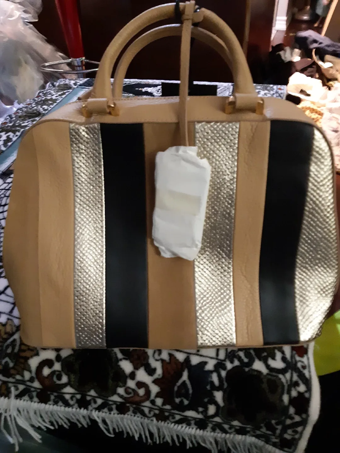 Striped Handbag - Beige, Gold, and Black thumbnail