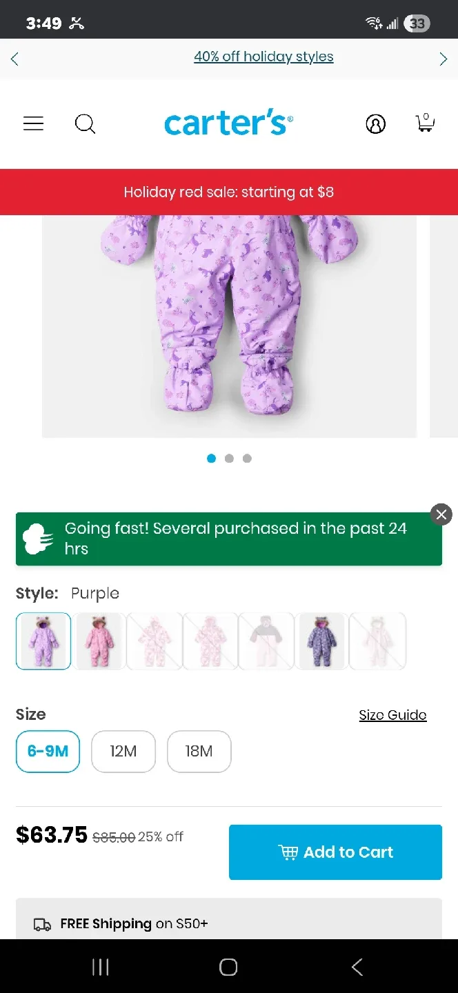 OshKosh B'gosh 6-9M Purple Snowsuit image indicator(3)