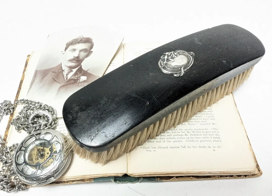 Genuine Ebony Clothes Brush ~ Art Nouveau Sterling Silver Crest image indicator(5)