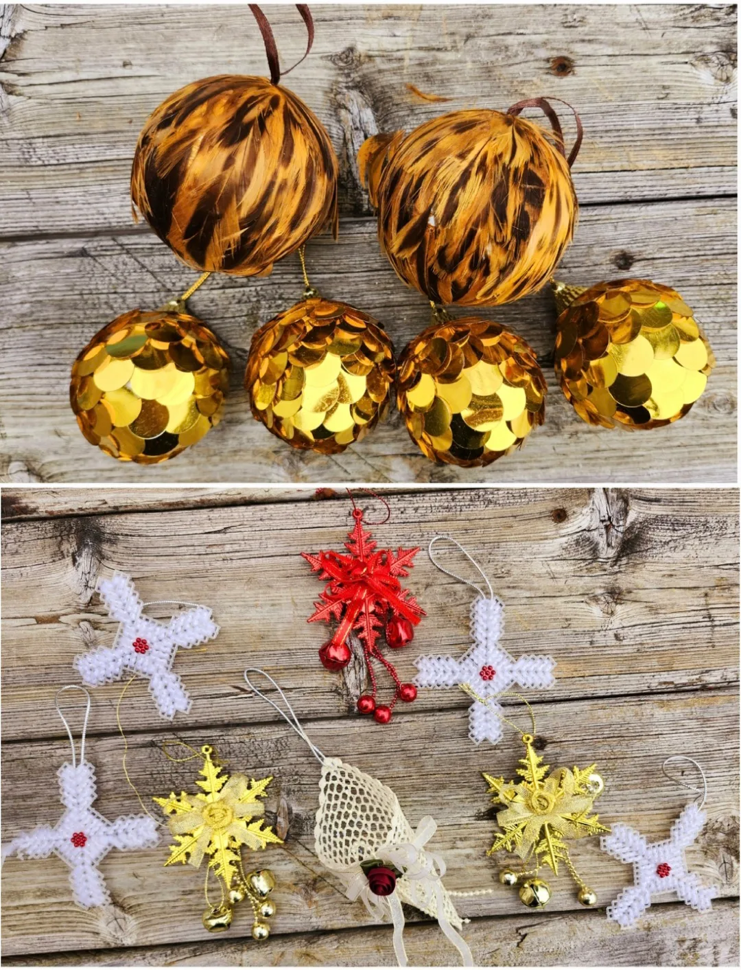 Unique holiday ornaments with feathers, sequins + thumbnail