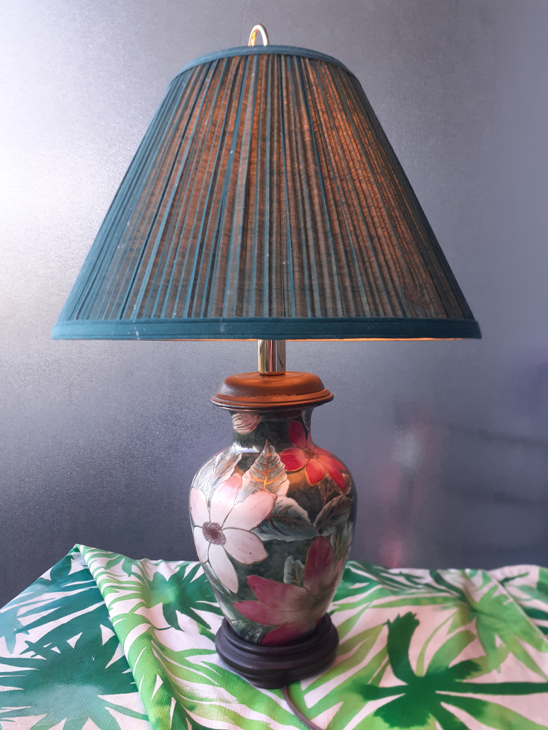 Floral Vase Table Lamp with Green Shade