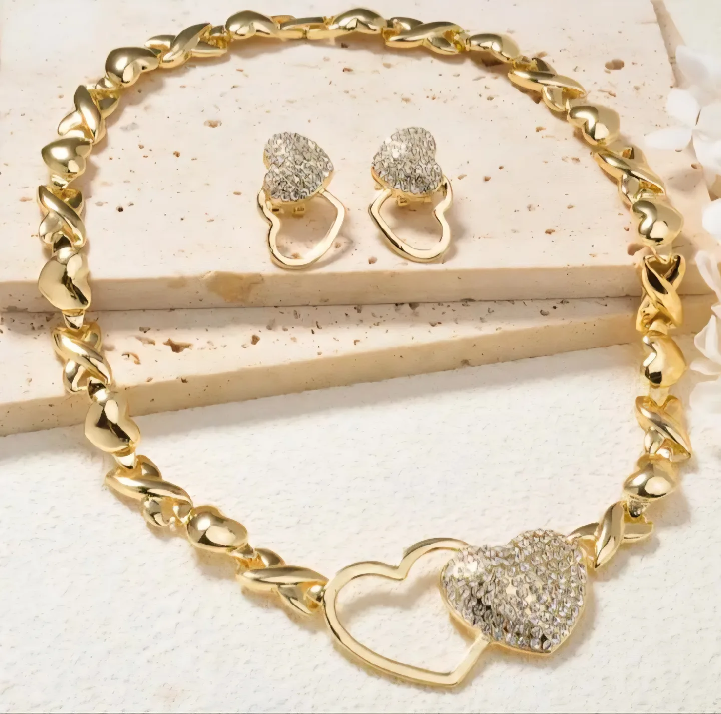 Gold Heart Jewelry Set - Necklace, Bracelet, Ring, Earrings image indicator(6)