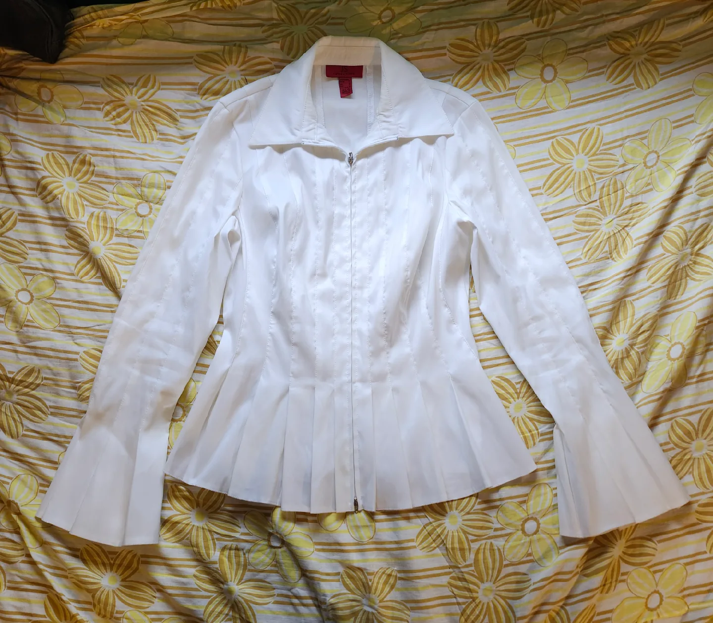 y2k white pleated zip up blouse