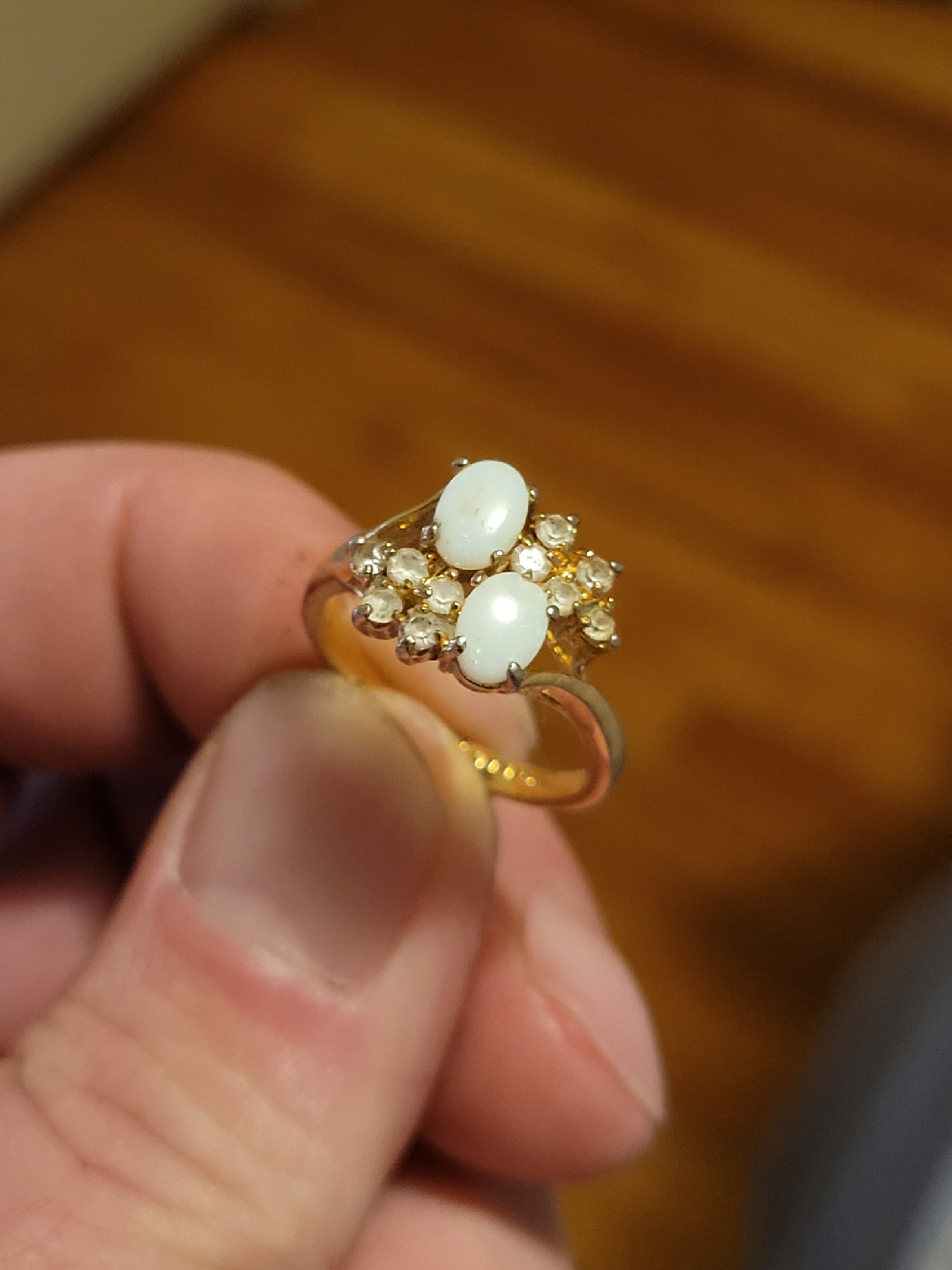 Vintage Gold Tone Ring with Opal and Rhinestones