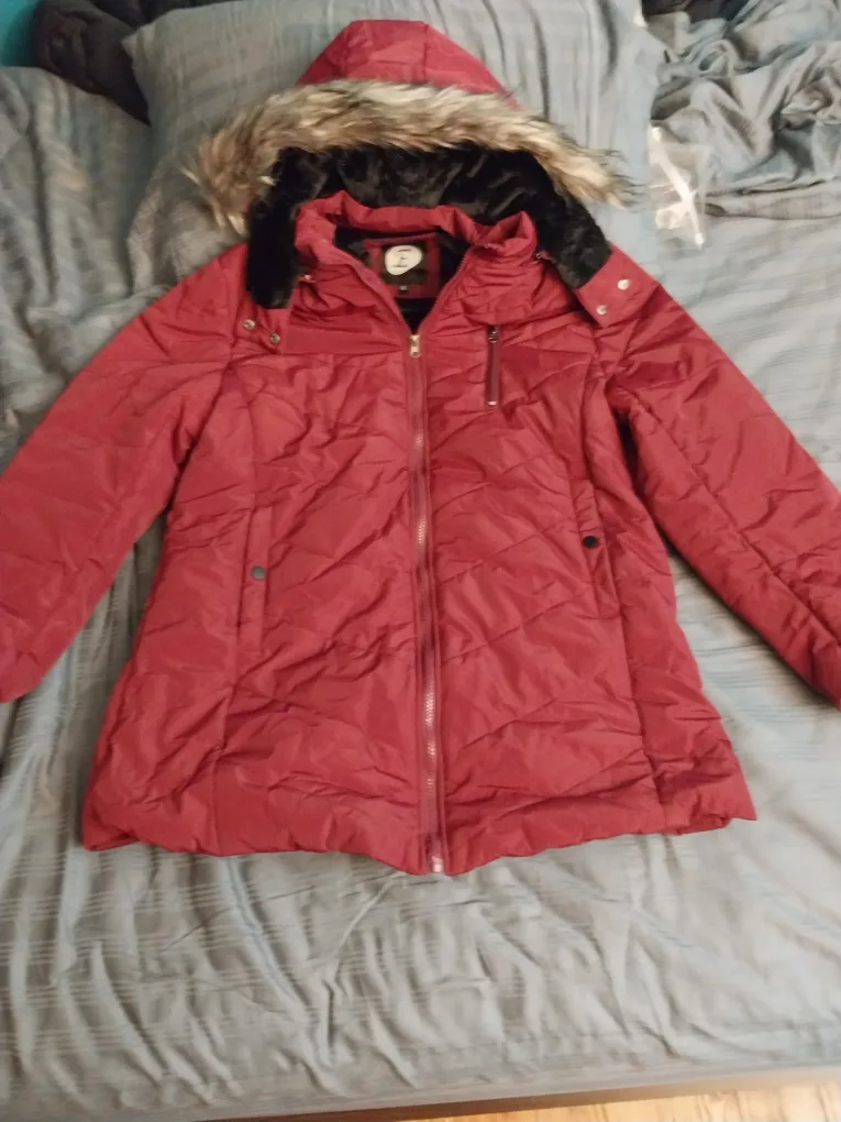 Burgundy Winter Coat with Fur Hood - XL thumbnail