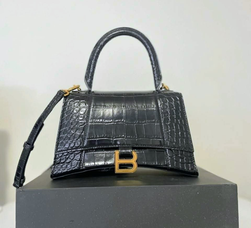 Authentic Balenciaga Hourglass Black Croc Embossed Bag