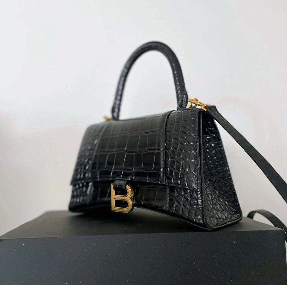 Authentic Balenciaga Hourglass Black Croc Embossed Bag - photo 2