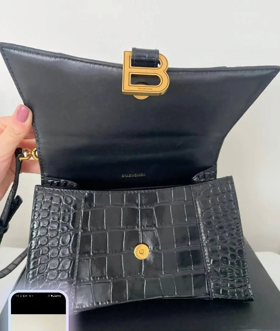 Authentic Balenciaga Hourglass Black Croc Embossed Bag image indicator(6)