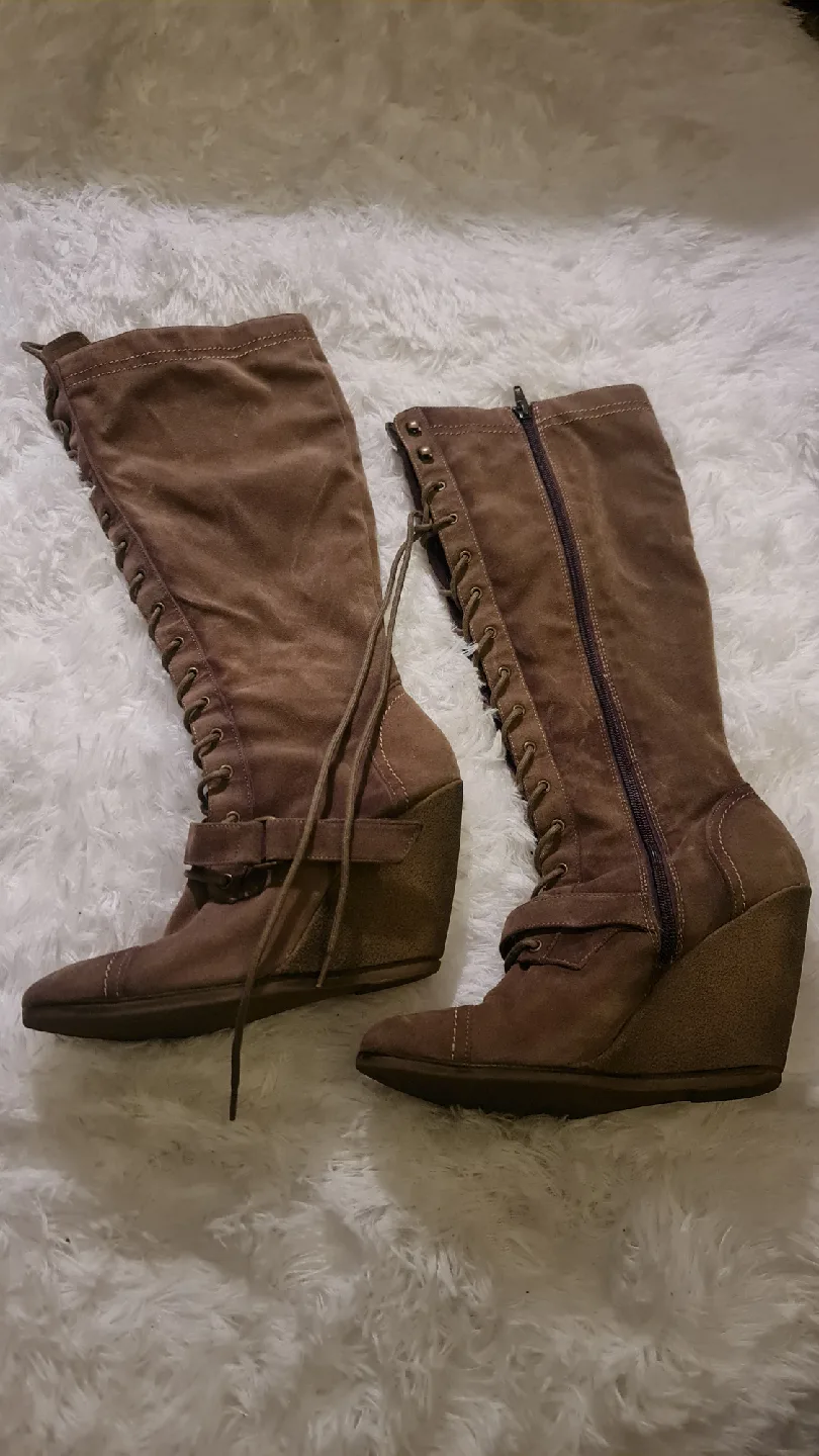 Brown Lace-Up Wedge Boots thumbnail